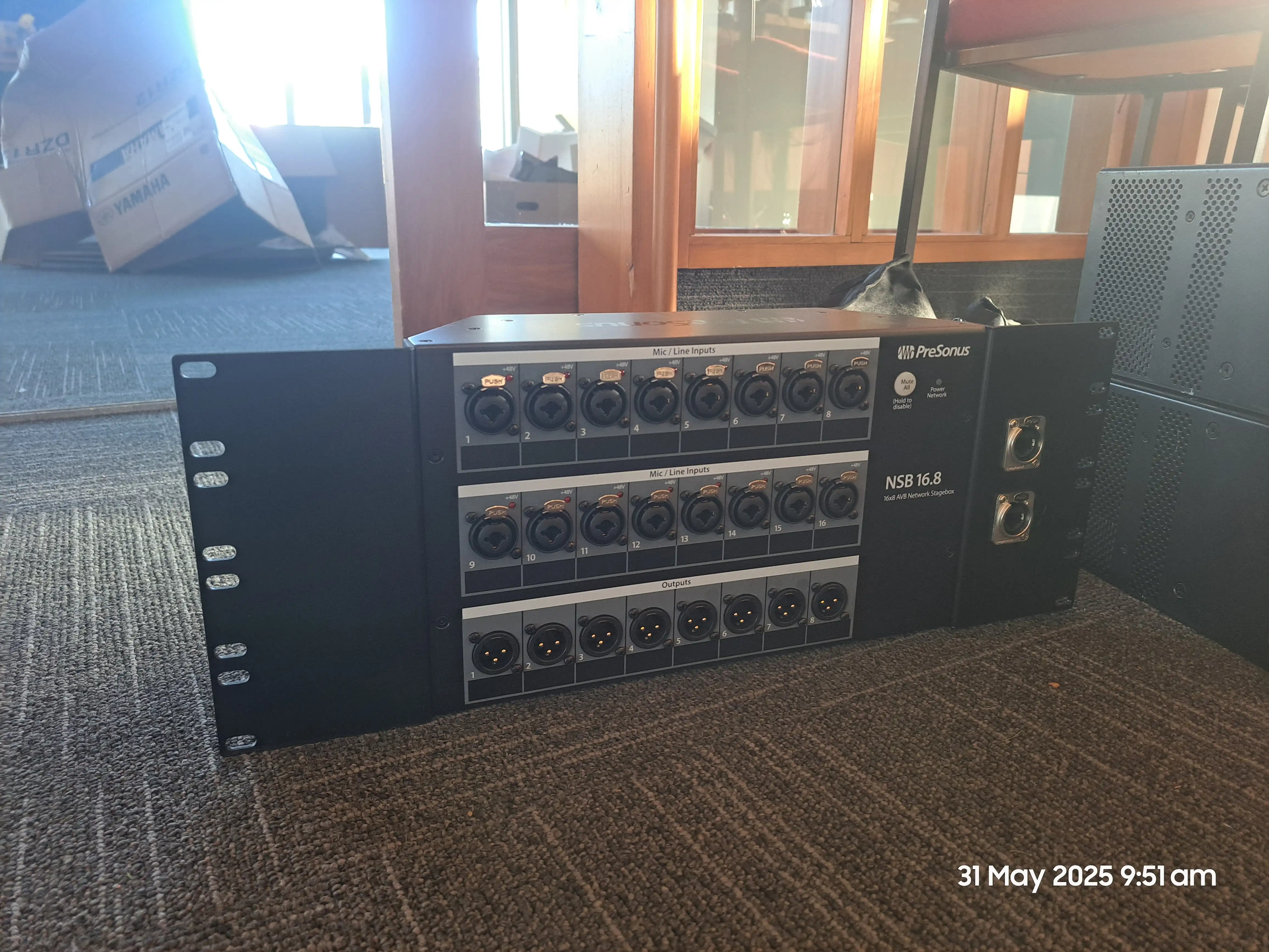 A Presonus NSB16.8 stagebox that has freshly installed rack ears ready to go to the stage area.